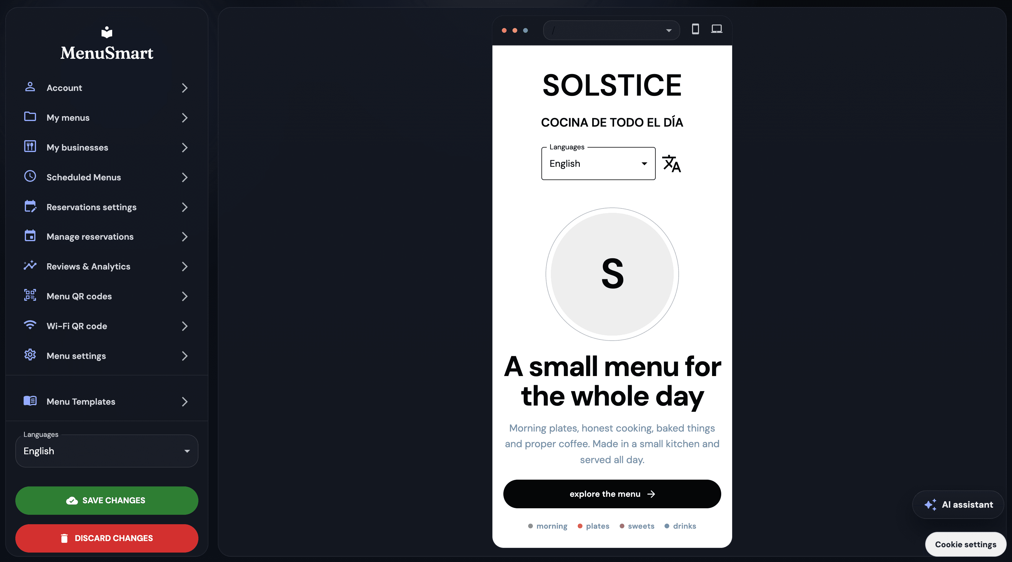 MenuSmart dashboard preview