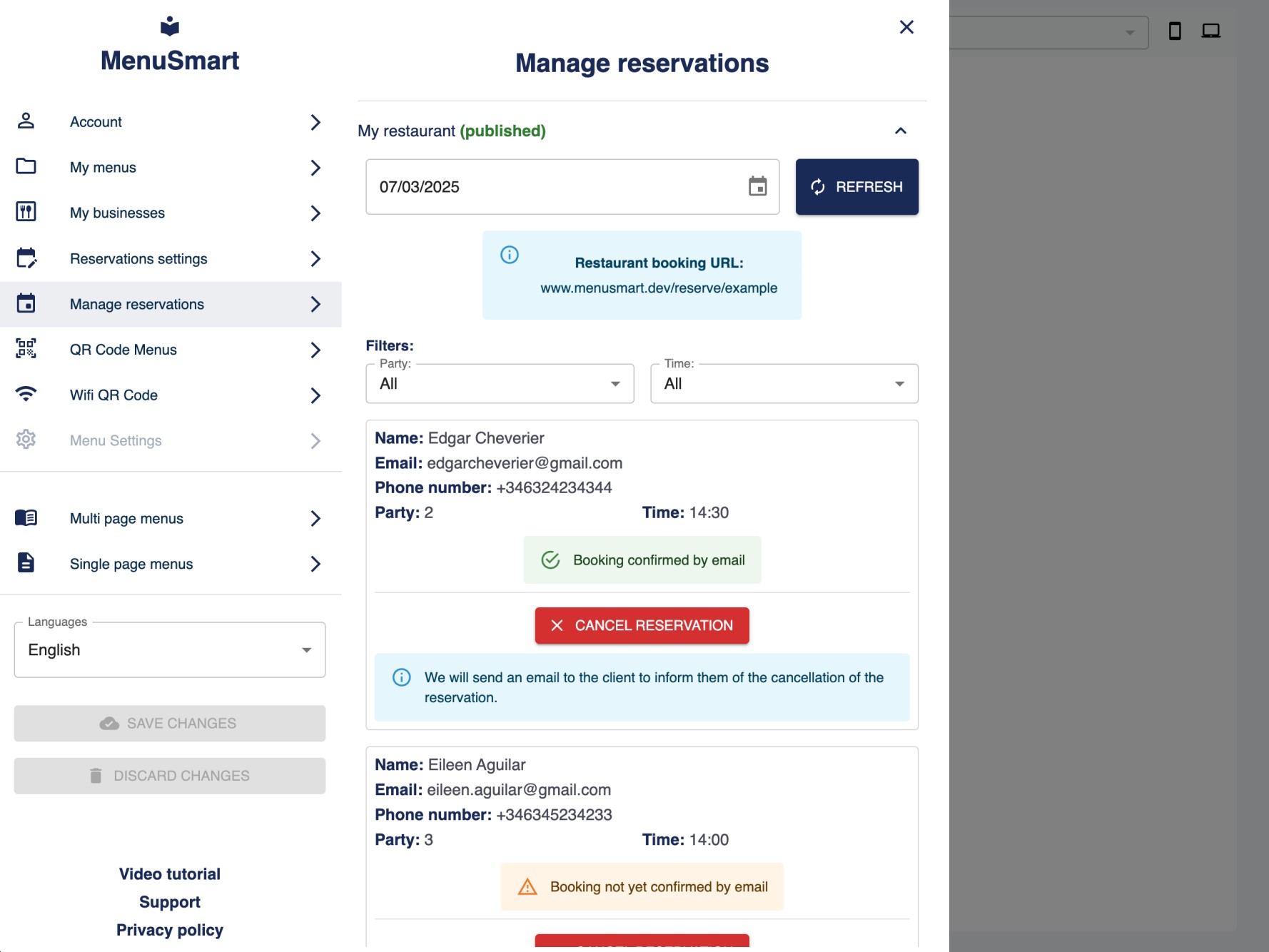 reservations dashboard